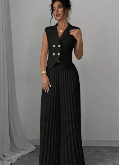 Conjunto Feminino de Verão – Colete Lapela com Botão e Calça Reta Plissada