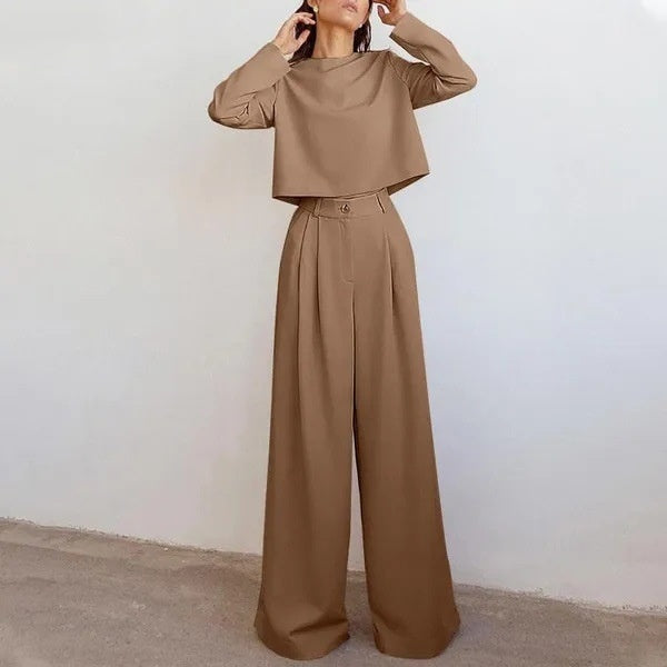 Conjunto Casual de Duas Peças com Calça de Perna Larga e Blusa de Manga Longa Solta em Cor Sólida