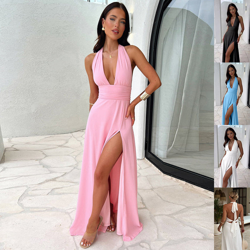 Vestido Sexy com Decote Halterneck, Fenda e Costas Abertas – Moda e Estilo Feminino
