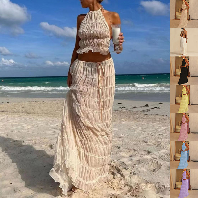 Conjunto Feminino de Vestido com 2 Peças – Top Halter Cropped Sem Mangas e Saia Longa Plissada Sexy para Praia