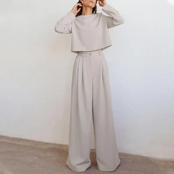 Conjunto Casual de Duas Peças com Calça de Perna Larga e Blusa de Manga Longa Solta em Cor Sólida