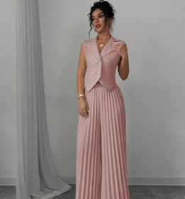 Conjunto Feminino de Verão – Colete Lapela com Botão e Calça Reta Plissada