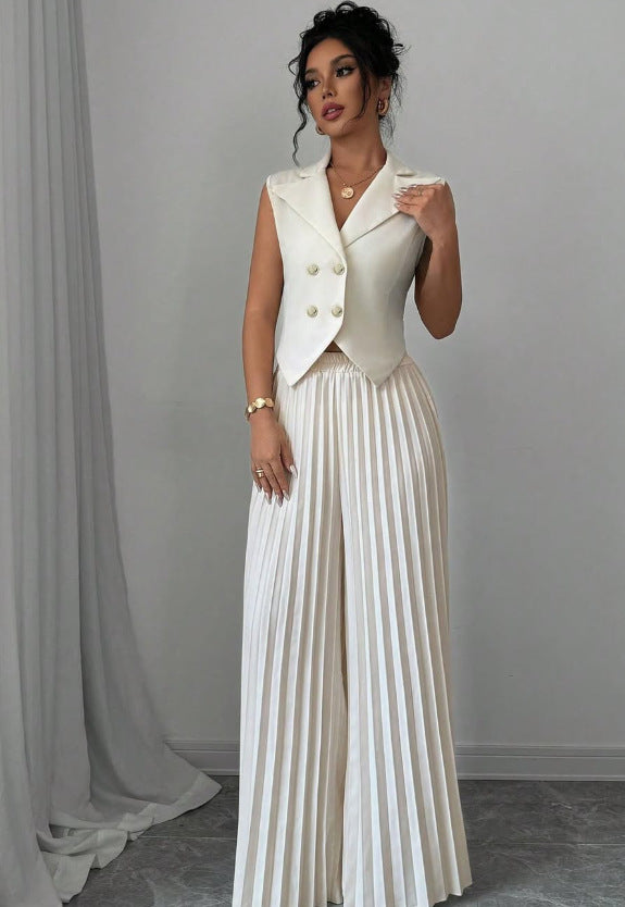 Conjunto Feminino de Verão – Colete Lapela com Botão e Calça Reta Plissada