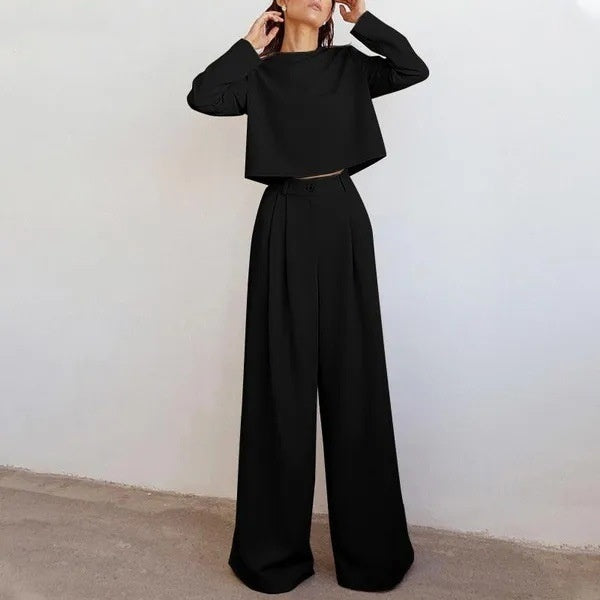Conjunto Casual de Duas Peças com Calça de Perna Larga e Blusa de Manga Longa Solta em Cor Sólida