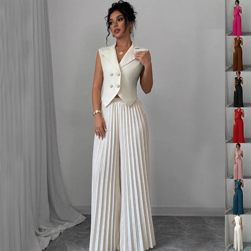 Conjunto Feminino de Verão – Colete Lapela com Botão e Calça Reta Plissada
