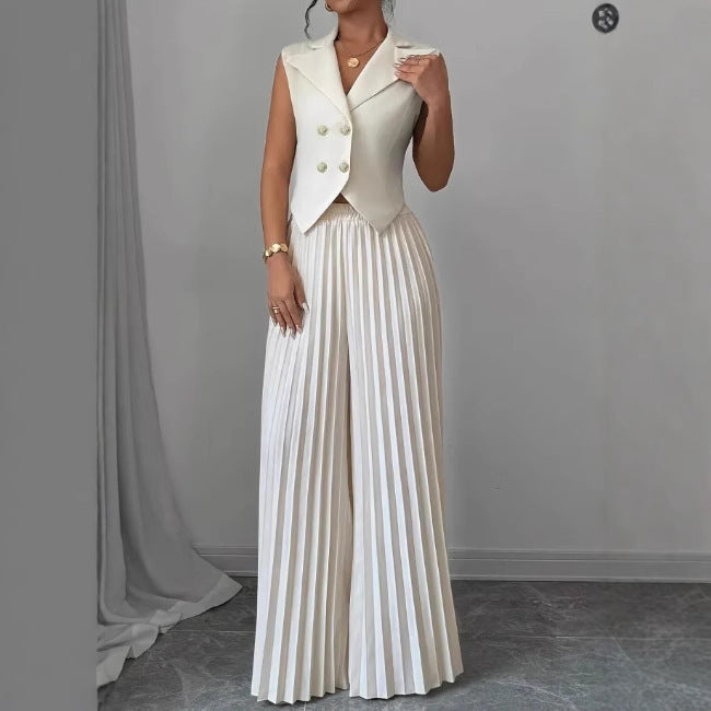 Conjunto Feminino de Verão – Colete Lapela com Botão e Calça Reta Plissada