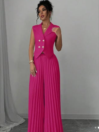 Conjunto Feminino de Verão – Colete Lapela com Botão e Calça Reta Plissada