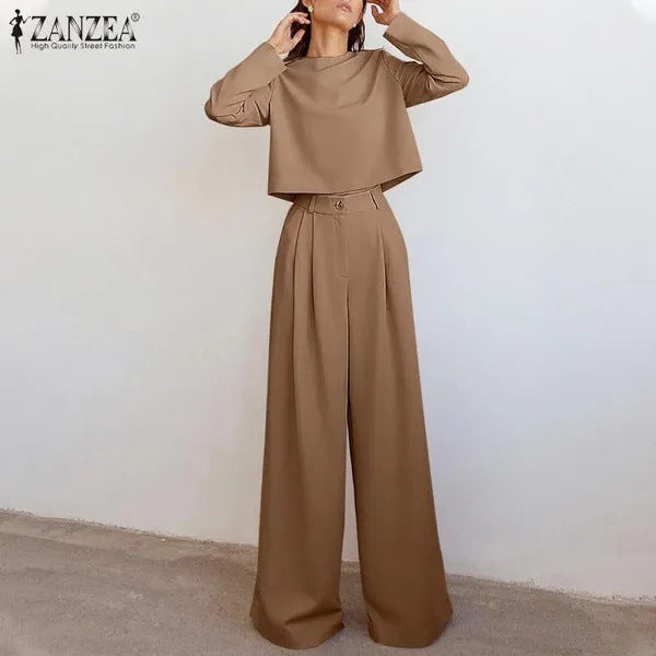 Conjunto Casual de Duas Peças com Calça de Perna Larga e Blusa de Manga Longa Solta em Cor Sólida