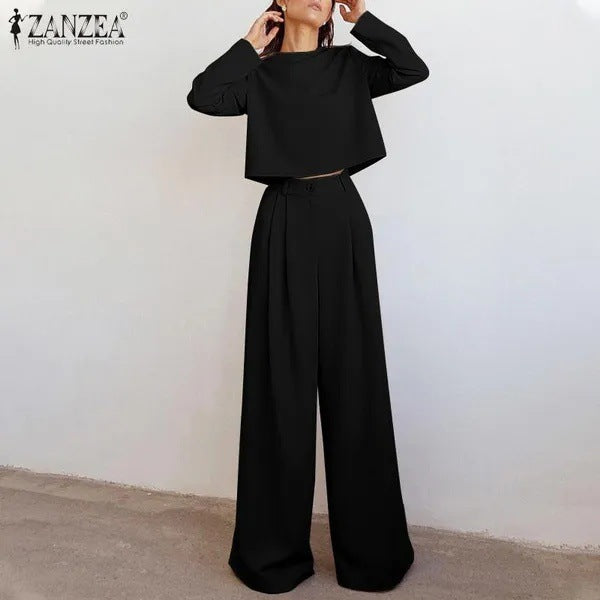 Conjunto Casual de Duas Peças com Calça de Perna Larga e Blusa de Manga Longa Solta em Cor Sólida