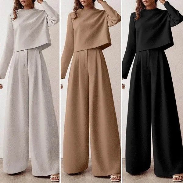 Conjunto Casual de Duas Peças com Calça de Perna Larga e Blusa de Manga Longa Solta em Cor Sólida