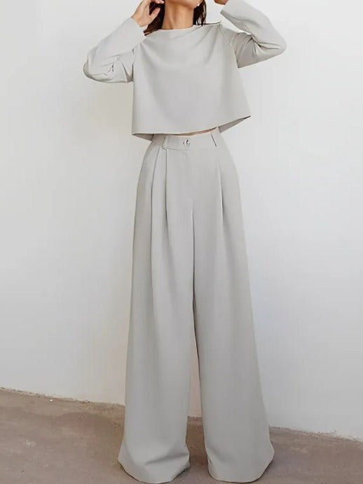 Conjunto Casual de Duas Peças com Calça de Perna Larga e Blusa de Manga Longa Solta em Cor Sólida
