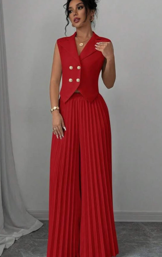 Conjunto Feminino de Verão – Colete Lapela com Botão e Calça Reta Plissada