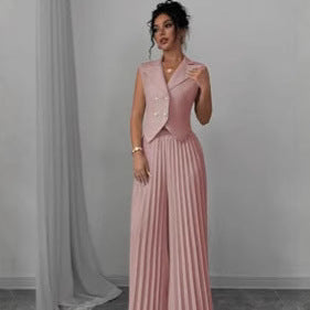 Conjunto Feminino de Verão – Colete Lapela com Botão e Calça Reta Plissada