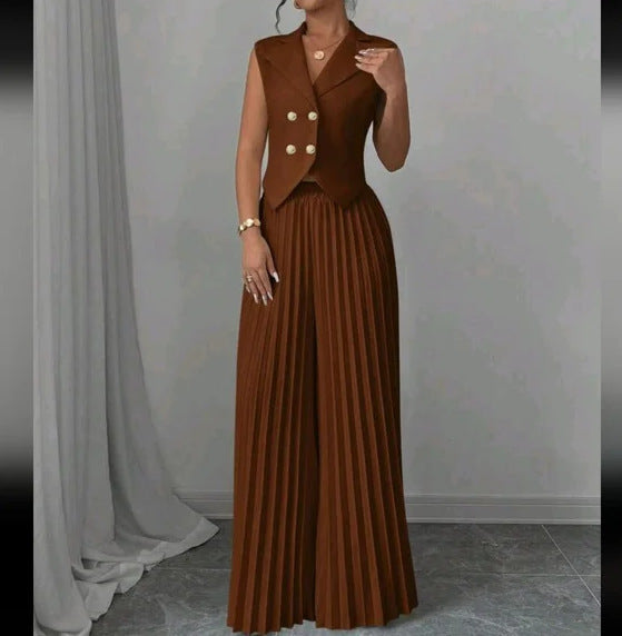 Conjunto Feminino de Verão – Colete Lapela com Botão e Calça Reta Plissada