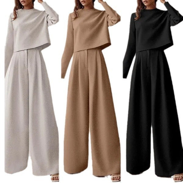 Conjunto Casual de Duas Peças com Calça de Perna Larga e Blusa de Manga Longa Solta em Cor Sólida